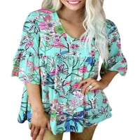 Žene Ljetni majica s kratkim rukavima ležerna labava ruffles ruffles hem babydoll vrhovi bluza cvjetna boho plaža