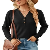 Colisha Ladies majica Henley Neck Tee majica s dugim rukavima labava dnevna odjeća Čvrsta boja Tops Black XL