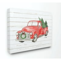 Crveni kamion, božićno drvce, tekstura drveta, svečani dizajn, zidna umjetnost umjetnice Elise eng