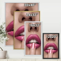 Dizajnerska umjetnost ružičaste ženske usne s prstom na ustima moderni zidni ispis na platnu u okviru