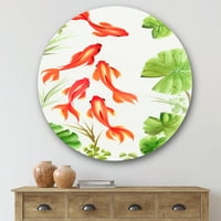 DesignArt 'Drevne zlatne ribice među nautičkim i obalnim krugovima lišća lotosa, metalni zid - disk od 29