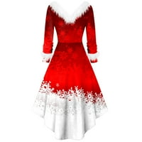 Božićne haljine za žene Plus Size, Ženska haljina s dugim rukavima s božićnim printom, lepršava haljina s izrezom