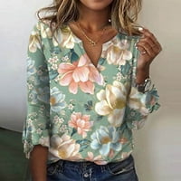 Ženska labava ležerna majica s rukavima od tri četvrtine i izrezom u obliku slova u, cvjetni čipkasti gornji dio,