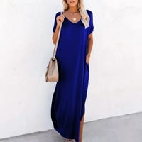 Haljine za žene kratke rukave dugački V-izrez Čvrsta ljetna plaža ženska ženska boja plava 4xl