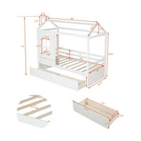 Dječji krevet-loža, bračni krevet-loža s dvije ladice, drveni okvir kreveta na platformi s krovom, prozorom i