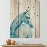Designart 'Izbliza portret seoske kuće svijetloplavog konja na prirodnom borovom drvetu