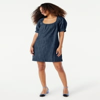 Besplatni montažni ženski kvadratni vrat mini haljina s puhačkim rukavima, veličine xs-xxl