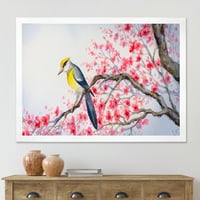 Prekrasna crvena ptica sjedi na cvjetanoj grani II uokvireno slikanje platna umjetnički tisak