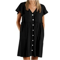 Uublik ženska ljetna moda suknja labava čvrsta boja V-izrez gumb Visoki struk, suknja s kratkim rukavima od drva