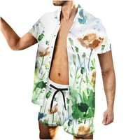 Muški ležerni kardigan s ovratnikom na kopčanje, bluza na plaži s printom kratkih rukava i uključene hlače
