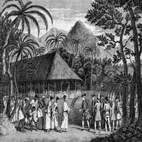 Cook: Tahiti, 1769. NCAPTAIN James Cook koji stiže u Tahiti, 1769. Graviranje drva, engleski, 1773. PRISTER POST