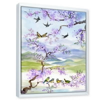 Dizajnerski crtež ptice koje sjede na grani trešnje tradicionalni uokvireni zidni otisak na platnu