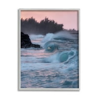 _ Valjanje morskih valova ružičasto nebo obalna Fotografija Umjetnost u sivom okviru zidni tisak