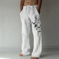 Muške ležerne lanene hlače u trendovski tiskani treniske elastične struke Duge hlače hlače B bijele, X-velike