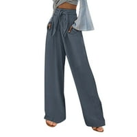 Posteljine hlače za žene široke noge ženke ležerne čvrste boje labavi džepovi elastični pojas struka hlače duge