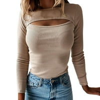 Ženska jednobojna pripijena majica bez pupka S dugim rukavima i visokim vratom u obliku ovratnika