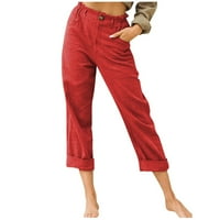 Ženske pamučne lanene hlače s elastičnim strukom i gumbima, ravne cijevi, obične dnevne hlače s džepovima