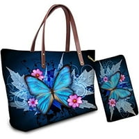 Pzuqiu torbica s plavim leptirom i set za novčanik, torbe s gornjim ručicom za žene torbice za torbe za žene Velike