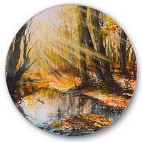 DesignArt 'Svijetlo sunce kroz smeđa šumska stabla' jezero Krug metala metalna zidna umjetnost - disk od 36